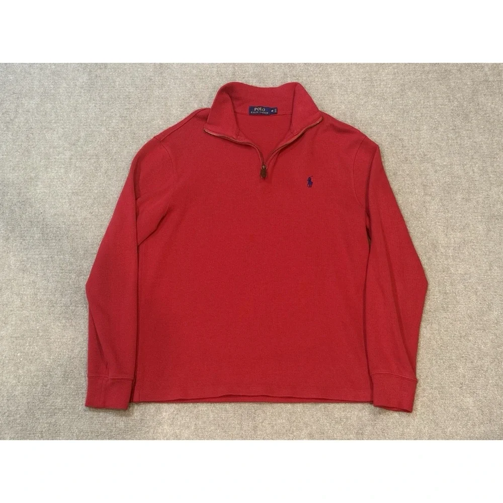 Polo Ralph Lauren Red Quarter Zip Mock Neck Pullover Blue Pony Sweatshirt Mens M